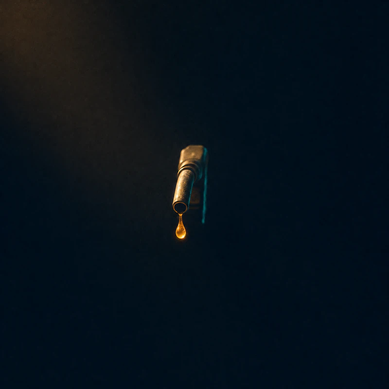 A fuel nozzle with a single luminous amber droplet held at its tip.